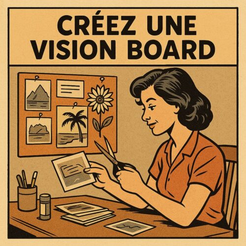 Que Faire le Dimanche : 10 Idées Pour Un Dimanche Positif et Épanouissant 12 Femme blonde en train de créer une vision board sur un panneau en liège, dans une illustration style vintage comic au format carré. Elle colle des images inspirantes comme des paysages et des mots comme "dreams" et "goals", évoquant la visualisation, la fixation d’objectifs et le développement personnel du dimanche.