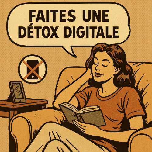 Que Faire le Dimanche : 10 Idées Pour Un Dimanche Positif et Épanouissant 10 Femme détendue allongée sur un canapé vintage, profitant d’une journée sans écrans dans une illustration style comic rétro. L’inscription "DÉTOX DIGITALE" est affichée en haut de l’image, symbolisant une pause numérique, le bien-être, la pleine conscience et le besoin de se reconnecter à soi-même loin des appareils connectés.