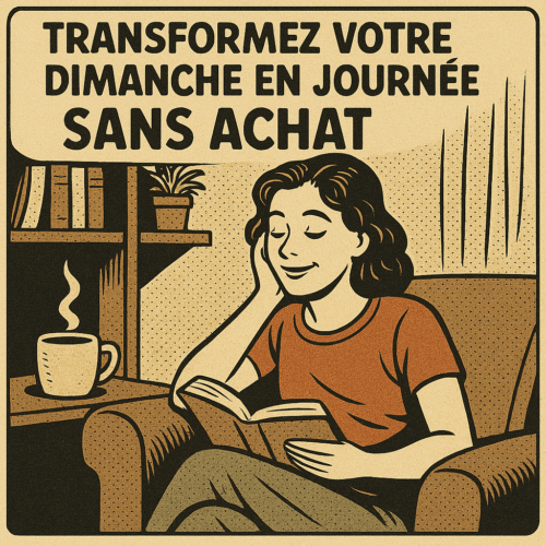 Que Faire le Dimanche : 10 Idées Pour Un Dimanche Positif et Épanouissant 8 Femme détendue dans un fauteuil vintage, lisant un livre, entourée d’une ambiance chaleureuse et rétro, avec l’inscription "Transformez votre dimanche en journée sans achat". Illustration style comic vintage évoquant le minimalisme, la déconnexion des achats compulsifs et l’art de profiter simplement de ce que l’on a déjà.