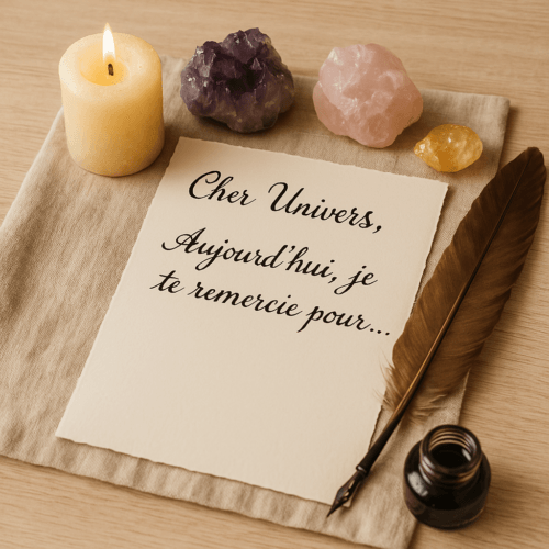 lettre-univers lettre à l'univers entouré d'une bougie et de pierres semi-précieuses. plume et encrier
