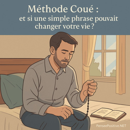 Homme assis au bord de son lit au matin, répétant une affirmation avec une cordelette à 20 nœuds selon la méthode Coué, avec le texte "Méthode Coué : et si une simple phrase pouvait changer votre vie ?"