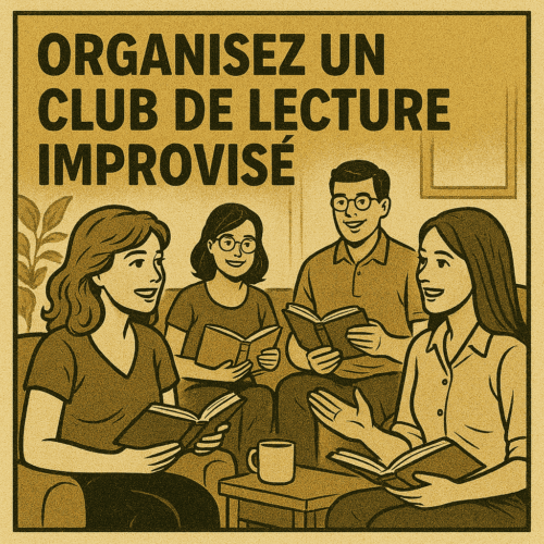 Que Faire le Dimanche : 10 Idées Pour Un Dimanche Positif et Épanouissant 5 Groupe mixte d’hommes et de femmes réunis dans un salon cosy pour un club de lecture improvisé, style illustration vintage comic en tons sépia. Ambiance conviviale et chaleureuse autour des livres, symbolisant le partage, la discussion enrichissante et le développement personnel à travers la lecture dominicale.