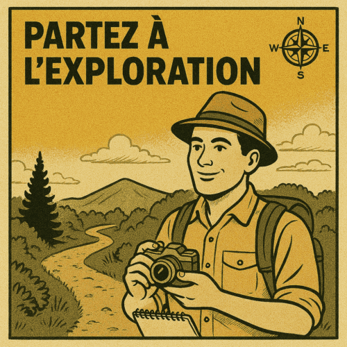 Que Faire le Dimanche : 10 Idées Pour Un Dimanche Positif et Épanouissant 4 Homme en tenue d’explorateur dans un paysage naturel, style illustration vintage comic, avec l’inscription "Partez à l’exploration". Il tient un carnet de croquis et un appareil photo, prêt à découvrir un lieu inconnu. Visuel inspirant pour encourager l’aventure locale, la découverte de nouveaux endroits et la reconnexion avec la nature le dimanche.