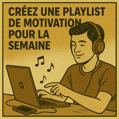 Que Faire le Dimanche : 10 Idées Pour Un Dimanche Positif et Épanouissant 7 Homme en train de créer une playlist de motivation sur son ordinateur portable, portant un casque audio, dans une illustration style vintage comic en tons sépia. L’ambiance rétro met en valeur la concentration, l’inspiration musicale et la préparation d’une semaine productive grâce à la musique.