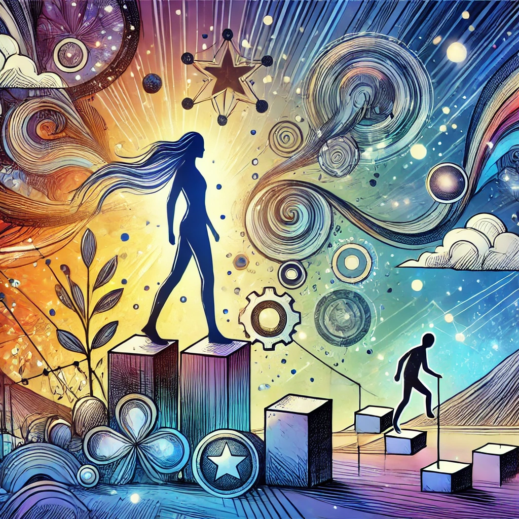 Illustration colorée représentant la résilience et la pensée créative, avec un personnage transformant des obstacles en opportunités dans une ambiance inspirante.