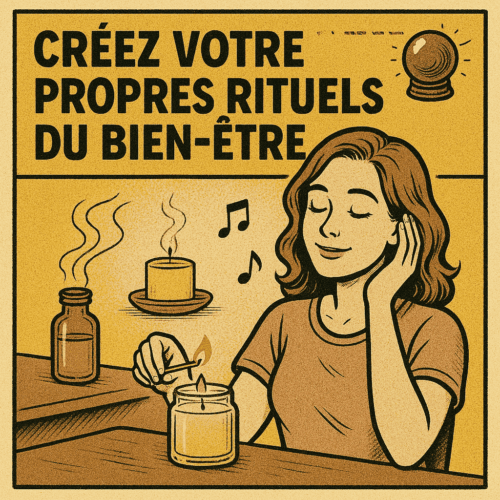 Que Faire le Dimanche : 10 Idées Pour Un Dimanche Positif et Épanouissant 3 Femme créant un rituel bien-être à la maison, dans un style illustration vintage comic. Elle allume une bougie parfumée, entourée d’huiles essentielles et de musique douce. Ambiance relaxante et apaisante, idéale pour illustrer un rituel du dimanche axé sur la détente, la visualisation positive et le développement personnel.