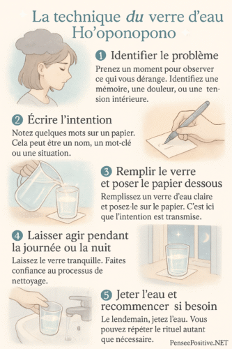 La Technique du Verre d'Eau : Comment réaliser une intention ou résoudre un problème 3 Infographie verticale en français illustrant les 5 étapes de la technique Ho’oponopono avec un verre d’eau : identifier le problème, écrire une intention, poser le verre sur le papier, laisser agir, jeter l’eau. Style manga doux et spirituel, avec un verre lumineux à chaque étape.