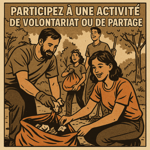 Que Faire le Dimanche : 10 Idées Pour Un Dimanche Positif et Épanouissant 9 Groupe de bénévoles en action dans un parc, en train de ramasser des déchets avec des sacs de collecte, dans une illustration style vintage comic. Le visuel met en avant la solidarité, le volontariat et le partage communautaire, avec l’inscription "Participez à une activité de volontariat ou de partage". Ambiance positive, chaleureuse et engagée.