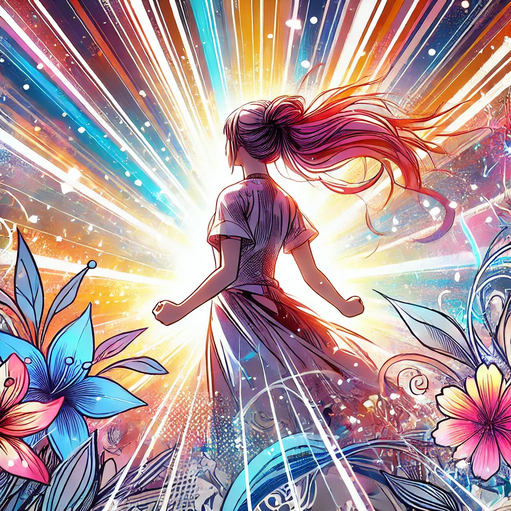une jeune femme toute puissante grâce aux affirmations positives. elle entouré de rayons de lumière colorés