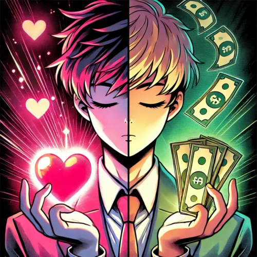 L'amour ou l'argent : Le Choix de John Robbins Produit par Joaquin Phoenix 1 Illustration manga dynamique représentant un choix entre amour et argent. Le personnage aux yeux fermés tient d’un côté un cœur lumineux, symbolisant l’amour, et de l’autre une pile de pièces d’or, représentant la richesse. Le fond est divisé en deux : une moitié chaude avec des nuances roses pour l’amour et une autre froide en vert pour l’argent.