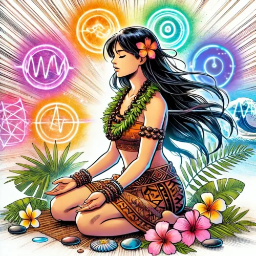 Jeune femme hawaïenne pratiquant le Ho'oponopono, entourée d'un cœur lumineux néon, illustrant les dangers potentiels du Ho'oponopono et les défis de la transformation intérieure.