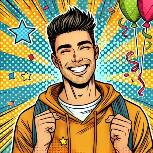 Comment Devenir une Personne Heureuse : 9 Conseils Simples pour Être Heureux Tous les Jours 3 une personne heureuse en style bande dessinée, avec des couleurs vives et une ambiance joyeuse