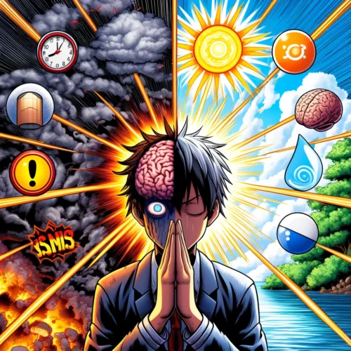 image divisée en deux scènes contrastées. À gauche, une personne stressée aux cernes marquées, mains tremblantes devant un écran affichant "23:00", sous des nuages orageux et un cerveau fissuré avec des "SOS". À droite, la même personne, sereine, médite au lever du soleil dans une forêt, tenant une "Checklist Nucléaire" avec un bouclier lumineux "NON". Au centre, une transition en lignes de vitesse où 7 signes d’alerte (horloge, zombie, explosion…) se dissipent en 5 symboles apaisants (arbre, goutte d’eau, posture de puissance…).