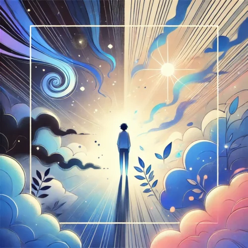 Illustration représentant le concept de minimalisme émotionnel : un personnage serein se tenant dans un espace lumineux et apaisant, entouré de formes chaotiques qui se dissolvent en motifs clairs et harmonieux. Les couleurs vibrantes et douces, comme les bleus, les violets et les tons pastel, symbolisent la transition de l'encombrement émotionnel vers la clarté et la paix intérieure.