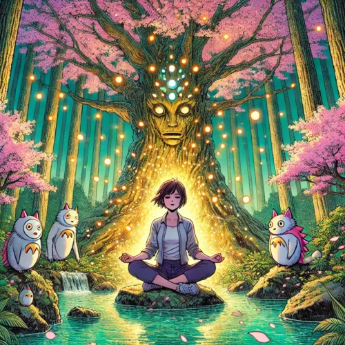 Shinrin-Yoku : La Marche Lente Qui Sauve Des Vies (Et Comment La Pratiquer En France) 13 Jeune femme urbaine pratiquant le shinrin-yoku en méditant sous un pin japonais géant, entourée de cerisiers en fleurs, avec une lueur dorée et des particules lumineuses de phytoncides. Kodama cachés dans les buissons, forêt dense et ruisseau cristallin reflétant le crépuscule.