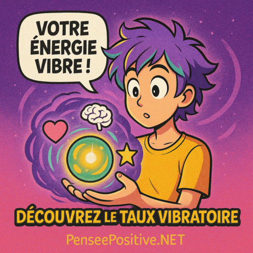 7 Minutes pour augmenter son taux vibratoire et Changer Votre Vie (Sans Blabla, Juste de la Science) 3 un personnage curieux aux cheveux violets avec des mèches turquoise, tenant un orbe lumineux doré et turquoise entouré d’ondes d’énergie. Des icônes flottent autour : un cœur rose (émotions), un cerveau blanc (pensées), une étoile dorée (actions). Fond dégradé violet-rose avec des étincelles. Texte : “Votre Énergie Vibre ! Découvrez le Taux Vibratoire”.