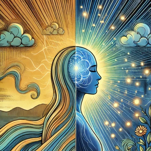 une personne sereine entourée de vagues lumineuses symbolisant la guérison émotionnelle et physique par la thérapie somatique, avec un arrière-plan passant d'une scène chaotique à une harmonie lumineuse.