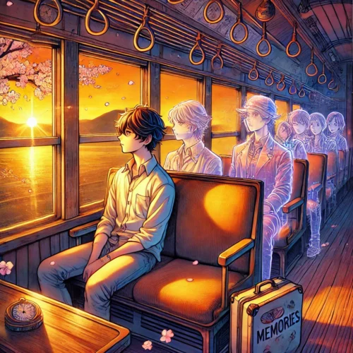 un jeune voyageur assis seul dans un compartiment de train vintage, regardant par la fenêtre avec nostalgie et espoir. Autour de lui, des figures fantomatiques de différents âges symbolisent les rencontres et les souvenirs éphémères de la vie. Le train, aux sièges en bois et à la vapeur extérieure, évoque le voyage existentiel décrit par Jean d'Ormesson dans son poeme "Le train de la vie".