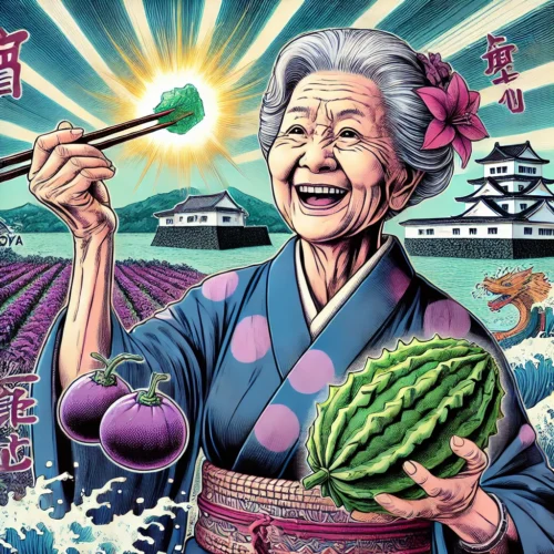 🍣 Régime Okinawa : Le secret des centenaires japonais 2 une grand-mère okinawaienne centenaire en tenue traditionnelle bingata, tenant un goya lumineux. En arrière-plan, le château de Shuri reconstruit, des champs de patates douces violettes et la mer turquoise. Des bulles manga affichent des aliments emblématiques du régime Okinawa : tofu, algues mozuku et poisson katsuo