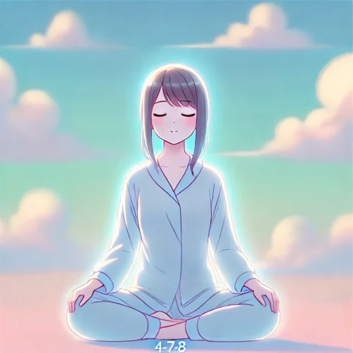 La Respiration 4-7-8 : Votre Arme Secrète Contre le Stress et l’Insomnie 11 une personne en méditation pratiquant la respiration 4-7-8, une technique anti-stress validée par la science pour favoriser le sommeil et la relaxation. Fond pastel apaisant