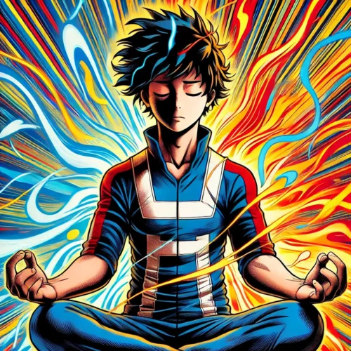 🌟 Sophrologie Débutant : Guide Complet 2025 pour Maîtriser le Stress (Exercices, Science & Stratégies) 🌟 2 Jeune personnage pratiquant un exercice de respiration issu de la sophrologie, assis en tailleur avec une main sur le ventre et l’autre sur la poitrine. Expression sereine et concentrée, entouré d’ondes énergétiques colorées évoquant le calme et la maîtrise du stress. Arrière-plan dynamique avec des éclats lumineux et des flux de couleur, symbolisant l’équilibre mental et la relaxation profonde.