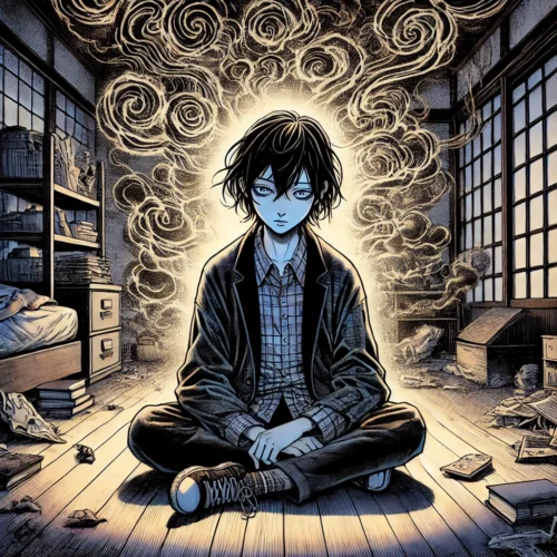 Jeune femme aux cheveux sombres assise en tailleur dans une pièce en désordre, faiblement éclairée. Son expression fatiguée et son dos voûté reflètent son épuisement et son taux vibratoire bas. Des nuages sombres et une énergie chaotique l'entourent, créant une atmosphère oppressante. Le sol sous elle présente des fissures subtiles, irradiant une aura négative. Des livres, des papiers et divers objets sont éparpillés autour d'elle, accentuant le chaos ambiant.