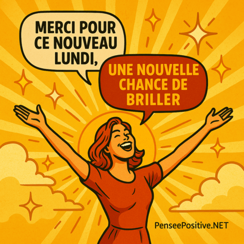 50 Citations Positives du Lundi : Commencez la semaine plein d'énergie ! 6 Citation inspirante du lundi en style bande dessinée vintage : 'Merci pour ce nouveau lundi, une nouvelle chance de briller'. Illustration d’une femme souriante en robe rouge, bras levés vers le ciel, entourée de rayons de soleil et d’étoiles, avec le branding PenseePositive.NET.