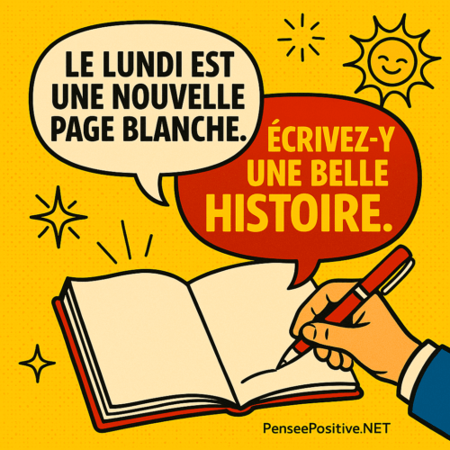 50 Citations Positives du Lundi : Commencez la semaine plein d'énergie ! 3 Citation positive du lundi en style bande dessinée : 'Le lundi est une nouvelle page blanche. Écrivez-y une belle histoire.' Illustration colorée avec un carnet ouvert, une main qui écrit, un soleil souriant et le branding discret PenseePositive.NET