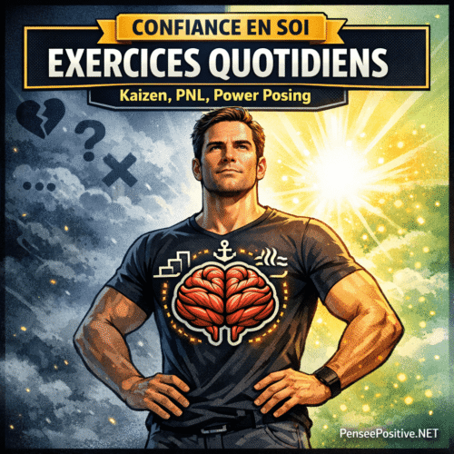 Illustration style comic montrant le passage du doute à l’assurance : personnage en power pose, cerveau-muscle au torse et pictos Kaizen, PNL et respiration pour booster la confiance en soi.