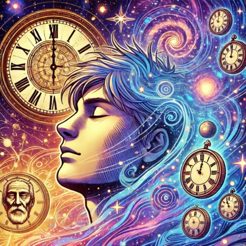Hypnose Régressive : Le Voyage Intérieur pour Mieux Se Comprendre 🌌 18 une personne aux yeux fermés flottant dans un espace cosmique, entourée d'étoiles, de symboles anciens et d'horloges évoquant l'hypnose regressive, la temporalité et le voyage dans le subconscient.