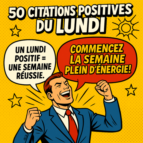 Illustration style comic d’un homme souriant en costume, levant les poings avec énergie sur fond jaune éclatant, accompagnée du texte ‘50 citations positives du lundi – Commencez la semaine plein d’énergie’