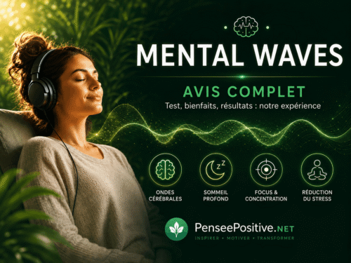 Mental Waves avis : test complet de la musique thérapeutique d'Alex Michel 9 Illustration de notr avis de Mental Waves avec une femme écoutant des audios relaxants, des ondes cérébrales et des symboles liés au sommeil, au focus et à la réduction du stress