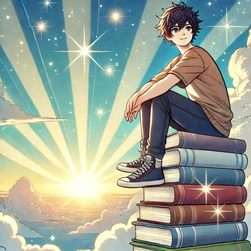 un jeune personnage assis sur une pile de romans de développement personne