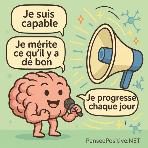 🧠 Exercices pour reprogrammer son cerveau : 7 techniques efficaces validées par la science 6 Illustration style manga d’un cerveau cartoon parlant dans un haut-parleur, entouré d’affirmations positives symbolisant l’autosuggestion et la reprogrammation mentale.