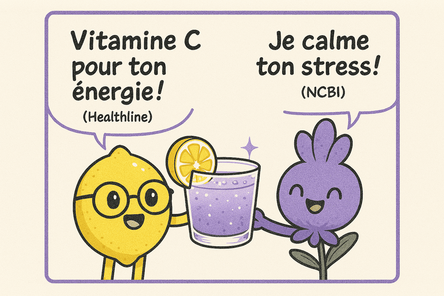 Le Mocktail Citron-Lavande : Une Boisson Sans Alcool pour Vous Détendre 🍋🪻 4 Infographie manga carrée des bienfaits du mocktail citron-lavande violet pâle avec citron et lavande kawaii