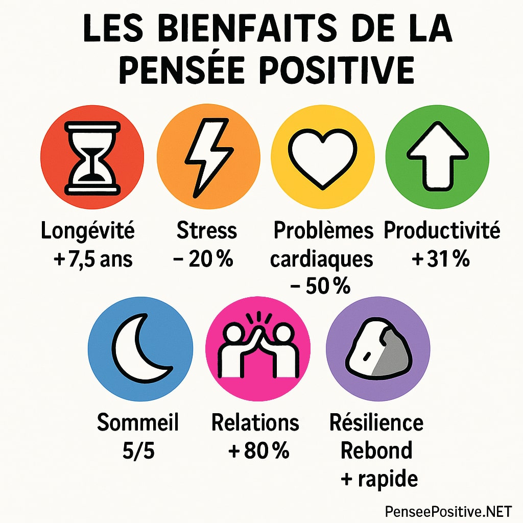 Le guide de la pensée positive 5 Infographie colorée présentant les 7 bienfaits de la pensée positive avec des icônes dans des cercles arc-en-ciel : longévité, réduction du stress, santé cardiaque, productivité, sommeil, relations, résilience