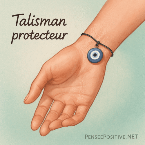 🧿 Comment se protéger du mauvais œil : 9 méthodes efficaces et faciles 3 Main féminine portant un bracelet talisman avec un Nazar bleu, illustration semi-réaliste sur fond pastel vert, protection contre le mauvais œil.