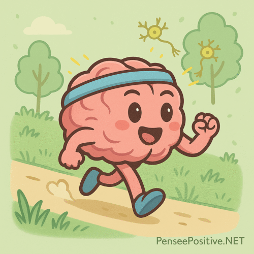 🧠 Exercices pour reprogrammer son cerveau : 7 techniques efficaces validées par la science 8 Illustration cartoon d’un cerveau anthropomorphe en train de courir joyeusement, entouré de traits d’énergie et de symboles neuronaux pour représenter les bienfaits de l’activité physique sur le cerveau.