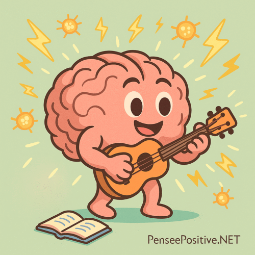 🧠 Exercices pour reprogrammer son cerveau : 7 techniques efficaces validées par la science 7 Illustration style cartoon d’un cerveau en train d’apprendre une nouvelle compétence, entouré d’éclairs et de neurones lumineux pour représenter la stimulation cérébrale.