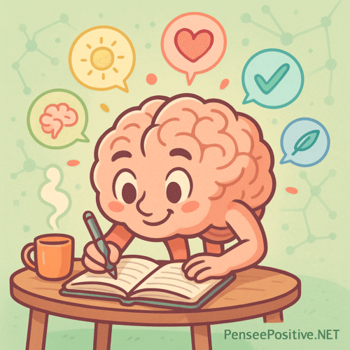 🧠 Exercices pour reprogrammer son cerveau : 7 techniques efficaces validées par la science 3 Illustration style cartoon d’un cerveau anthropomorphe en train d’écrire dans un journal, entouré de bulles positives représentant le changement de pensée