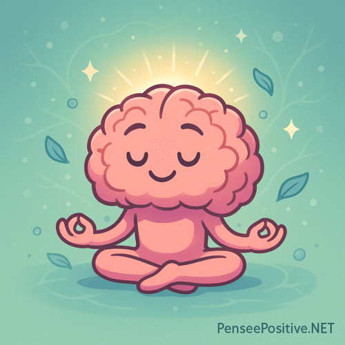 🧠 Exercices pour reprogrammer son cerveau : 7 techniques efficaces validées par la science 4 Illustration style manga d’un cerveau cartoon en posture de méditation, avec un halo de lumière autour du cortex préfrontal pour représenter les bienfaits de la pleine conscience.