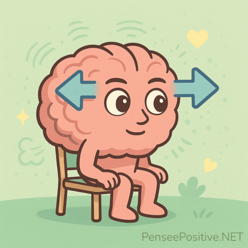 🧠 Exercices pour reprogrammer son cerveau : 7 techniques efficaces validées par la science 9 Illustration cartoon d’un cerveau calme qui effectue un exercice oculaire de gauche à droite, entouré de flèches et d’ondes apaisantes pour symboliser la stimulation bilatérale.