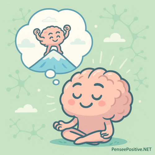 🧠 Exercices pour reprogrammer son cerveau : 7 techniques efficaces validées par la science 5 Illustration style manga d’un cerveau cartoon assis en méditation, visualisant mentalement une scène de réussite symbolisée dans une bulle au-dessus de lui