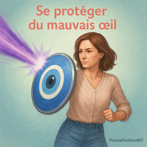 🧿 Comment se protéger du mauvais œil : 9 méthodes efficaces et faciles 1 Femme confiante tenant un bouclier Nazar pour se protéger du mauvais œil, repoussant un rayon d'énergie violet, illustration semi-réaliste sur fond pastel avec texte "Se protéger du mauvais œil".