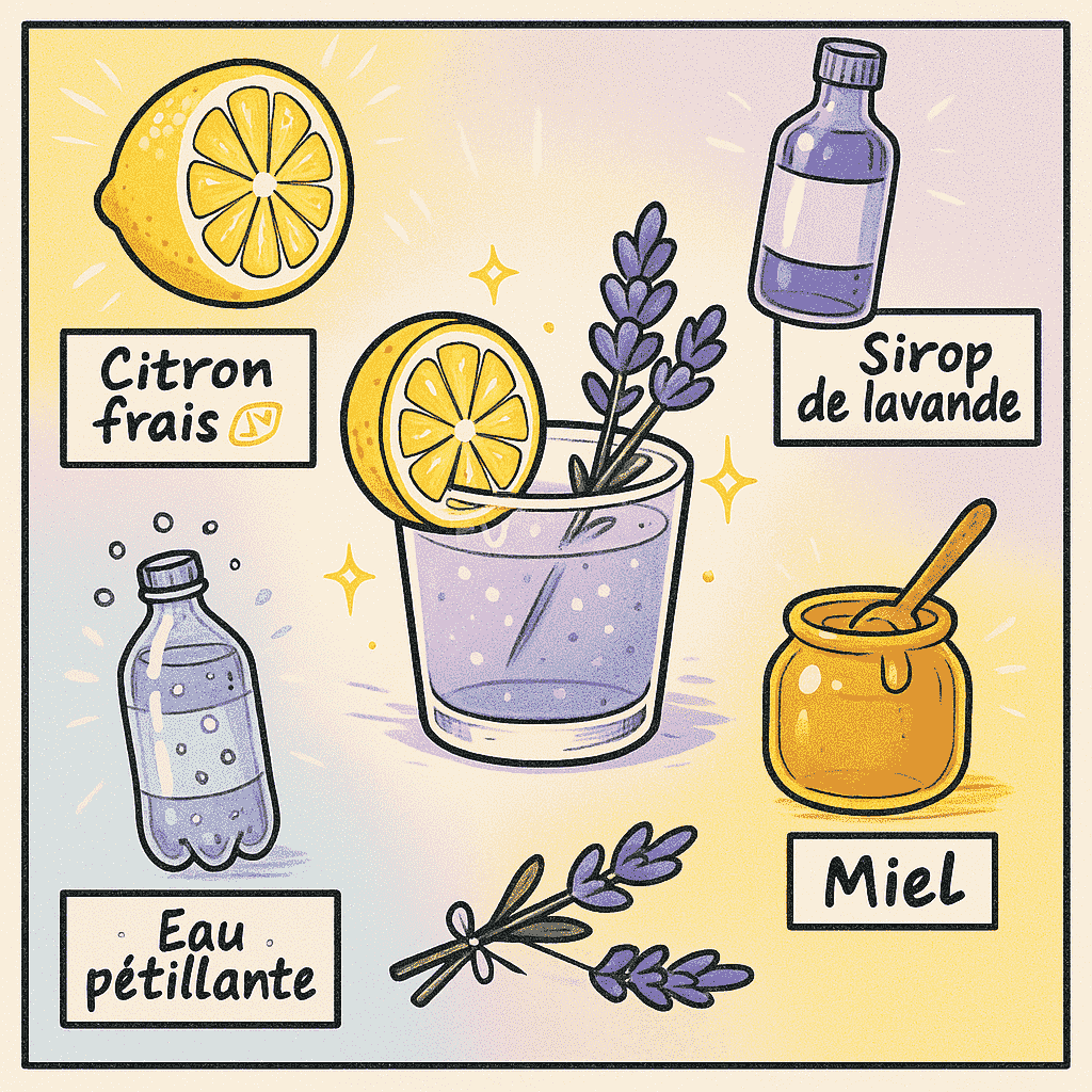 Le Mocktail Citron-Lavande : Une Boisson Sans Alcool pour Vous Détendre 🍋🪻 3 Illustration comic carrée des ingrédients du mocktail citron-lavande violet pâle : citron, sirop, eau pétillante, miel, lavande
