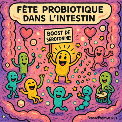 Les Bienfaits du Kéfir pour Votre Humeur ! 3 Illustration bande dessinée colorée représentant une fête de probiotiques cartoon dans un intestin stylisé rose et violet, avec des bactéries souriantes dansant, tenant des ballons cœur, jouant du tambour et lançant des confettis. Au centre, un personnage jaune lumineux brandit une pancarte 'Boost de Sérotonine !'