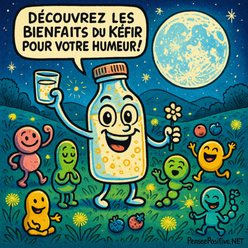 Les Bienfaits du Kéfir pour Votre Humeur ! 2 Illustration joyeuse en style bande dessinée d'une bouteille de kéfir anthropomorphe souriante, entourée de probiotiques cartoon dansant dans une prairie magique éclairée par la lune, avec la phrase 'Découvrez les bienfaits du Kéfir pour votre humeur !' – ambiance féerique et positive, couleurs vives et contours épais