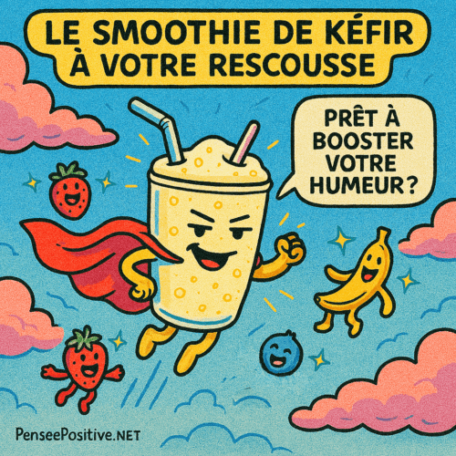 Les Bienfaits du Kéfir pour Votre Humeur ! 4 Illustration bande dessinée éclatante montrant un smoothie de kéfir anthropomorphe avec cape rouge volant dans un ciel rose et bleu, entouré de fruits cartoon souriants (fraises, banane, myrtille), avec la bulle 'Prêt à booster votre humeur ?' – ambiance super-héros joyeuse et énergisante, style comic coloré et fun.
