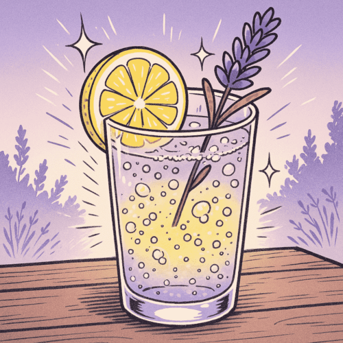 Le Mocktail Citron-Lavande : Une Boisson Sans Alcool pour Vous Détendre 🍋🪻 2 Illustration manga carrée d’un mocktail citron-lavande violet pâle avec citron et lavande sur fond blanc-violet