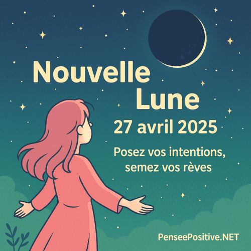 Jeune femme contemplant la nouvelle lune du 27 avril 2025 sous un ciel étoilé, illustration de style manga, avec le message "Posez vos intentions, semez vos rêves".